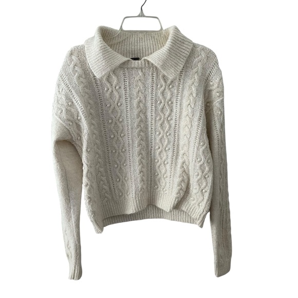 Free People Every Cloud Pullover Cable knit Collared Sweater Small White - Picture 3 of 8